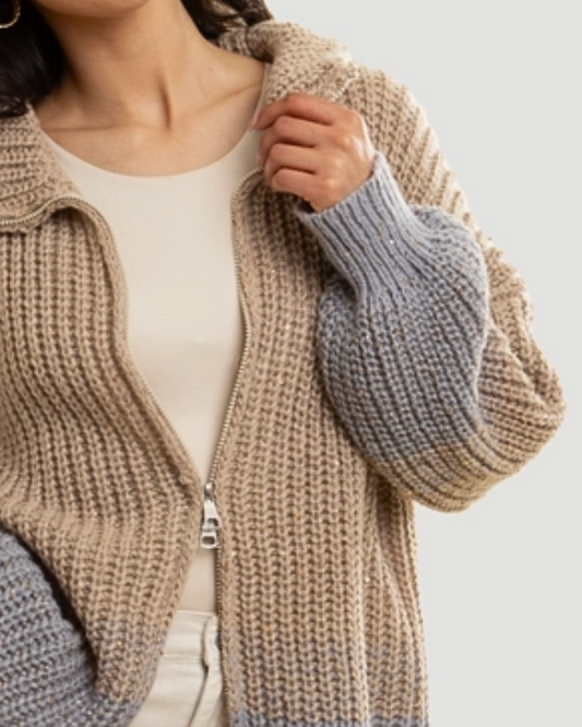 Grey & Taupe Zip Up Sequin Sweater