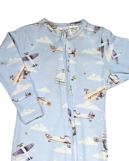 baby organic romper, convertible baby sleeper, airplane print baby outfit, newborn footie romper, soft organic cotton baby clothes, boutique baby romper, baby boy sky romper, infant one piece outfit, eco friendly baby clothing, baby shower gift romper
