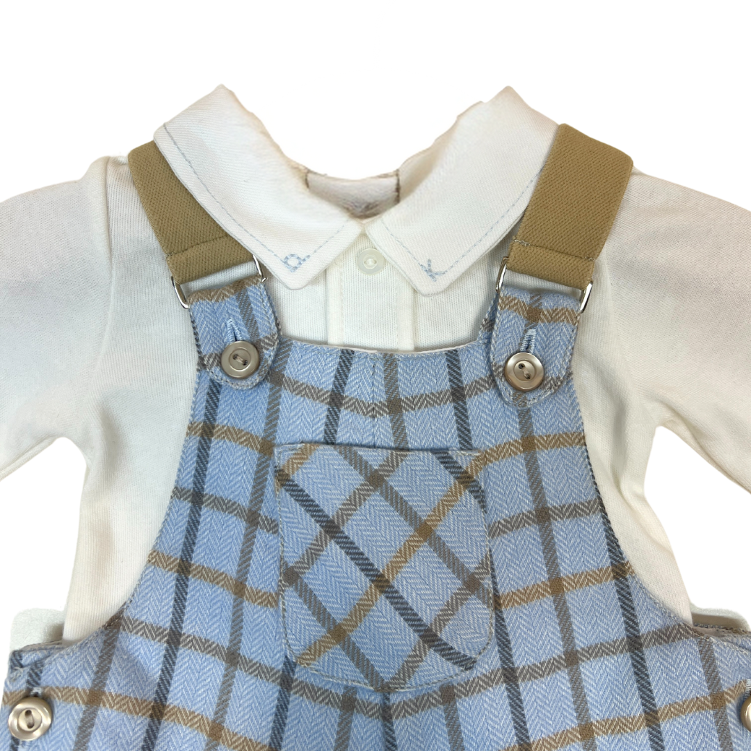 2pc Lt Blue Plaid Overall w Off White Lt Blue Stitching Onesie *