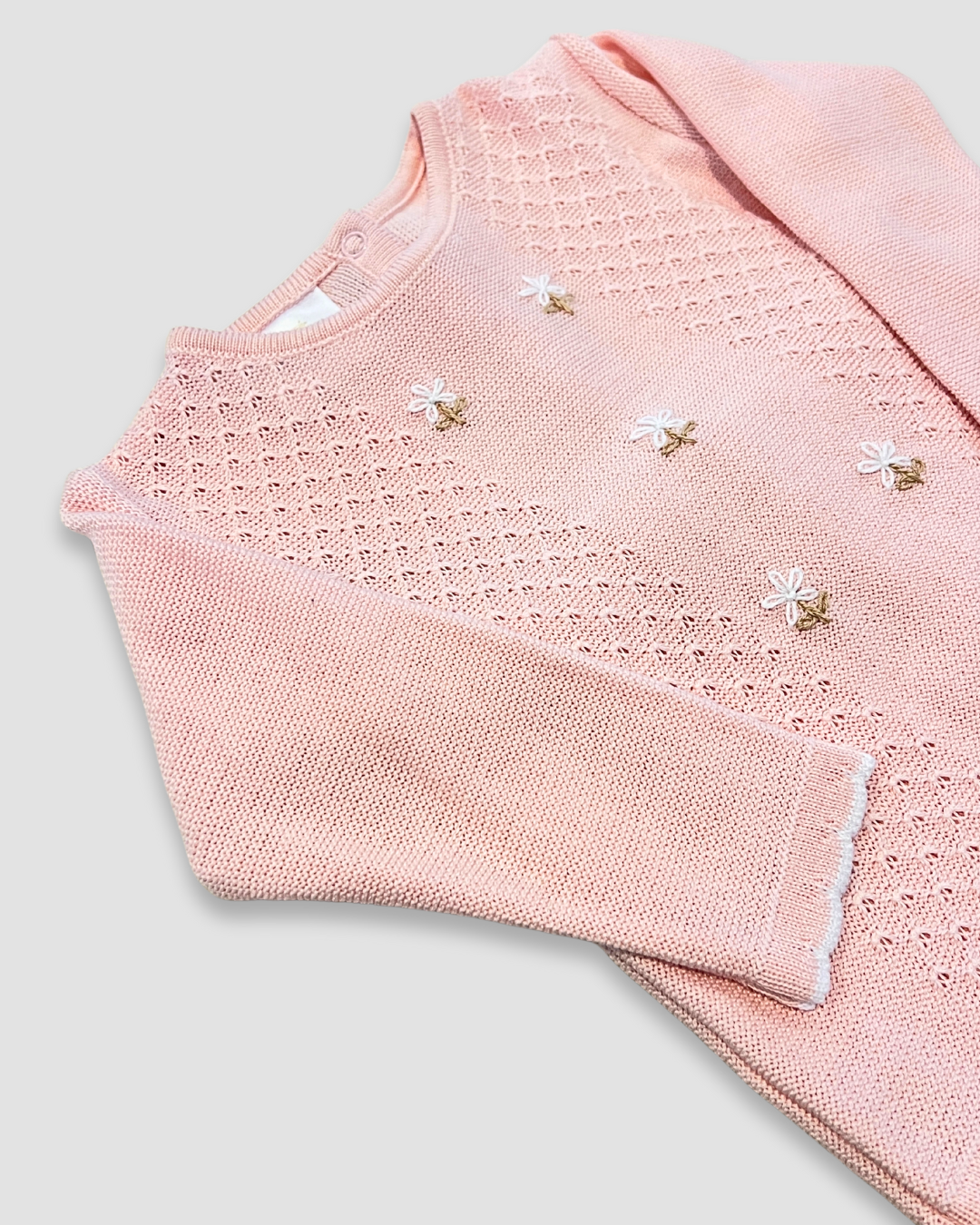 boutique baby knit outfit Expressions Boutique NY, pink embroidered baby sweater set, soft cotton knit baby clothes, floral baby girl outfit delicate trim, heirloom knit two piece baby set breathable cotton