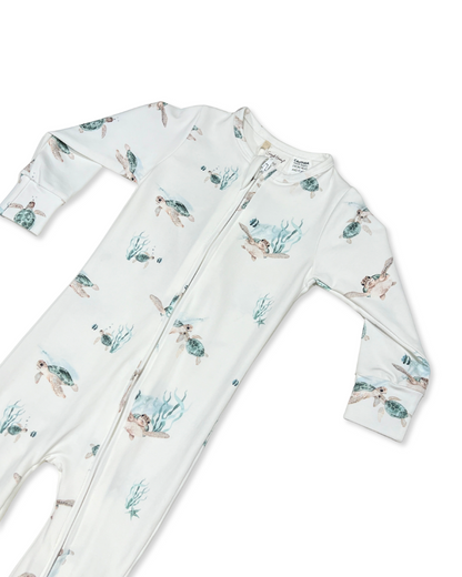 turtle baby footie, organic cotton baby sleeper, zip baby romper, ocean print baby outfit, boutique baby boy footie, eco friendly baby clothing, newborn turtle romper, infant zip one piece, soft cotton baby pajamas, baby shower gift sleeper