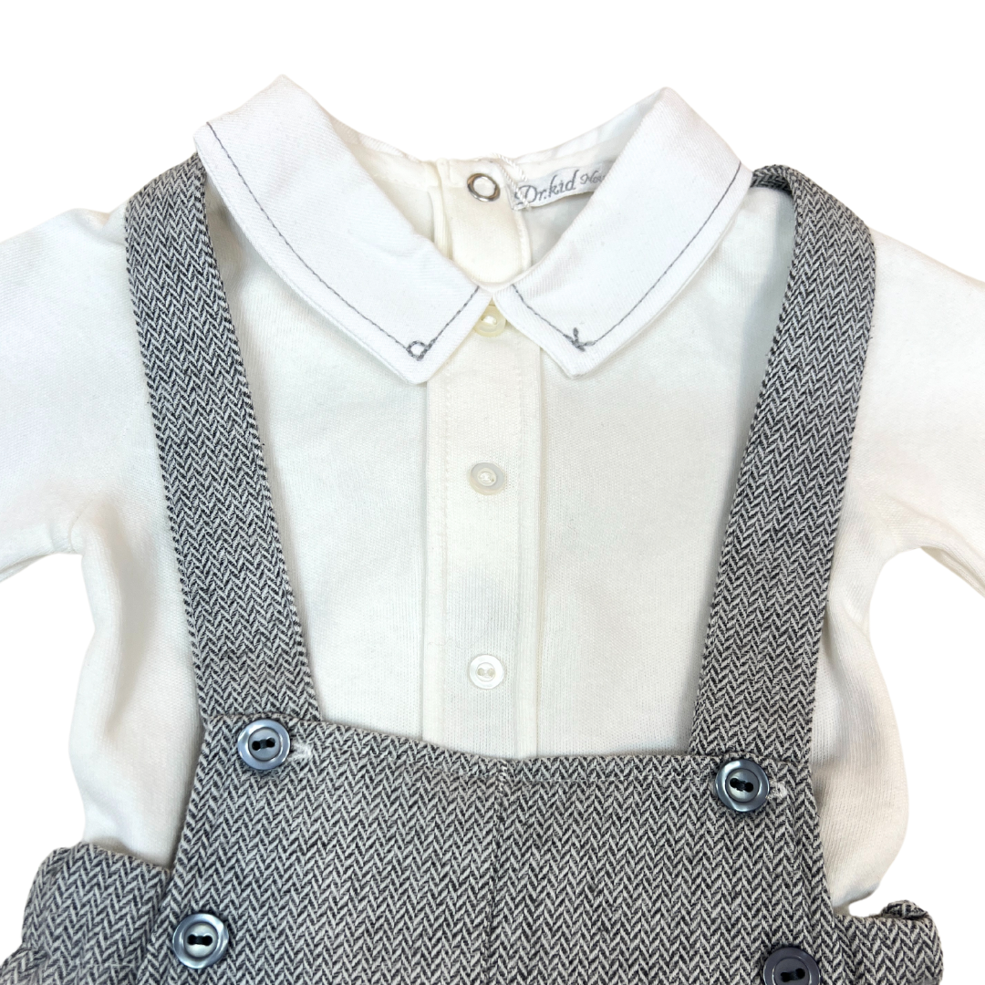 2pc Off White w Grey Stitching Onesie w Grey Tweed Overall *