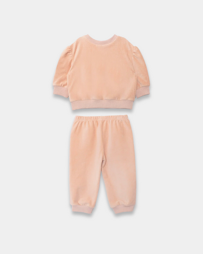 peach baby pant set, boutique toddler outfit, scalloped pocket baby set, girls velour pant set, peach lounge set kids, boutique infant clothing, soft baby clothes set, baby girl jogger set, toddler fall outfit girl, boutique kids fashion peach, back to school, school outfits, pre-k clothing