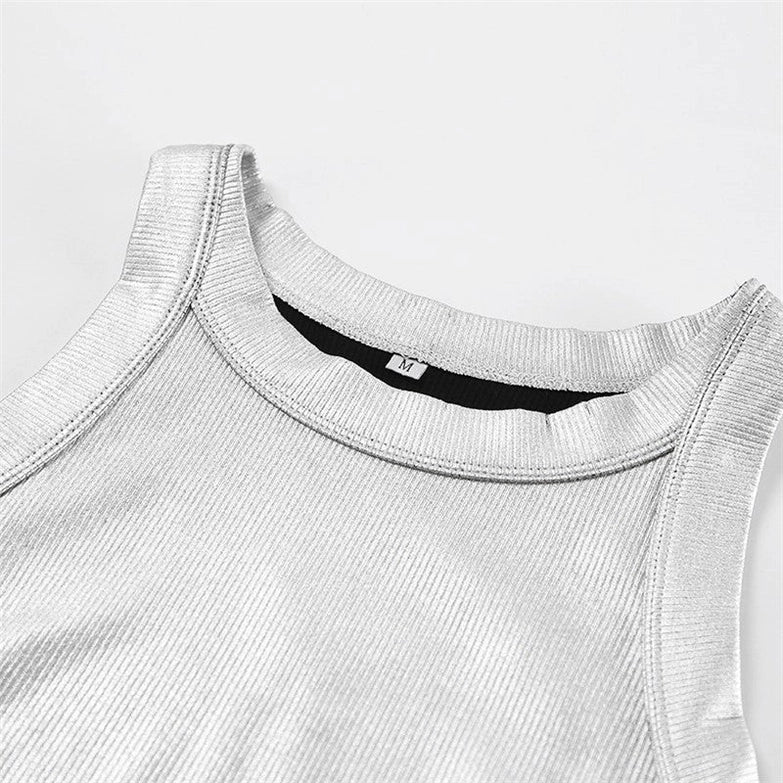 silver ribbed tank top Expressions Boutique NY, metallic knit camisole women, minimalist silver top, boutique sleeveless top metallic sheen, fitted rib knit cami