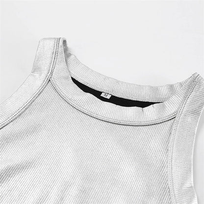 silver ribbed tank top Expressions Boutique NY, metallic knit camisole women, minimalist silver top, boutique sleeveless top metallic sheen, fitted rib knit cami