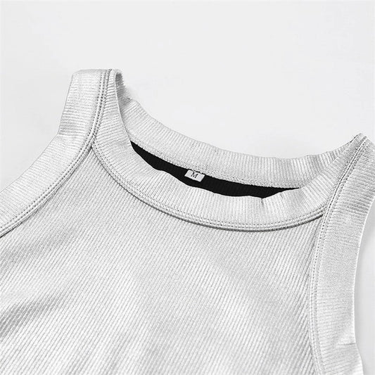 silver ribbed tank top Expressions Boutique NY, metallic knit camisole women, minimalist silver top, boutique sleeveless top metallic sheen, fitted rib knit cami