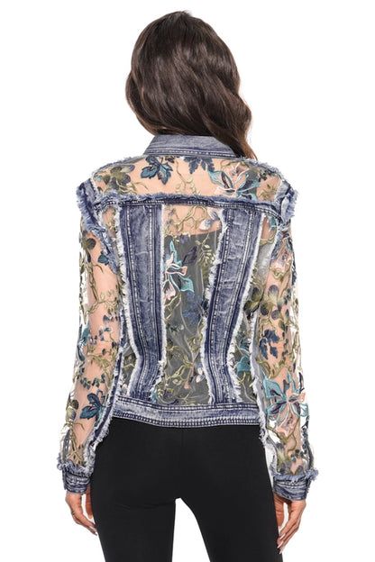 denim lace jacket, embroidered floral jacket, women’s denim jacket, lace detail denim, embroidered jean jacket, statement jacket for women, sheer embroidered jacket, boutique fashion outerwear, stylish denim jacket, denim jacket with lace sleeves, boho chic denim jacket, floral embroidered denim