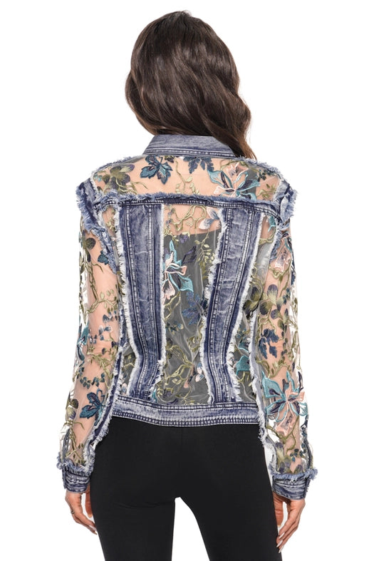 denim lace jacket, embroidered floral jacket, women’s denim jacket, lace detail denim, embroidered jean jacket, statement jacket for women, sheer embroidered jacket, boutique fashion outerwear, stylish denim jacket, denim jacket with lace sleeves, boho chic denim jacket, floral embroidered denim