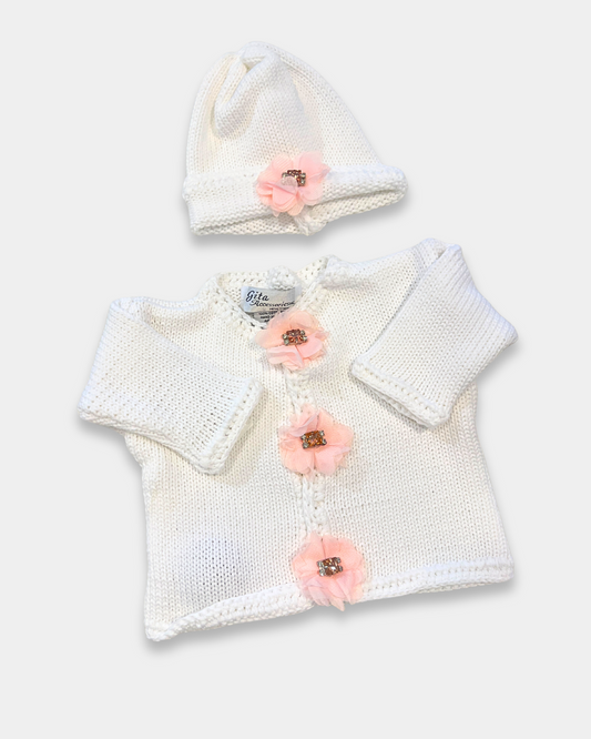boutique baby girl knit sweater set, christening baby girl cardigan hat, white knit cotton baby outfit girls, boutique newborn knitwear Expressions Boutique NY, heirloom baby girl gift set, rhinestone flower cardigan for baby girl, baby shower gift set boutique, luxury knit baby girl sweater set, cotton baby sweater hat set, baby girl special occasion knitwear