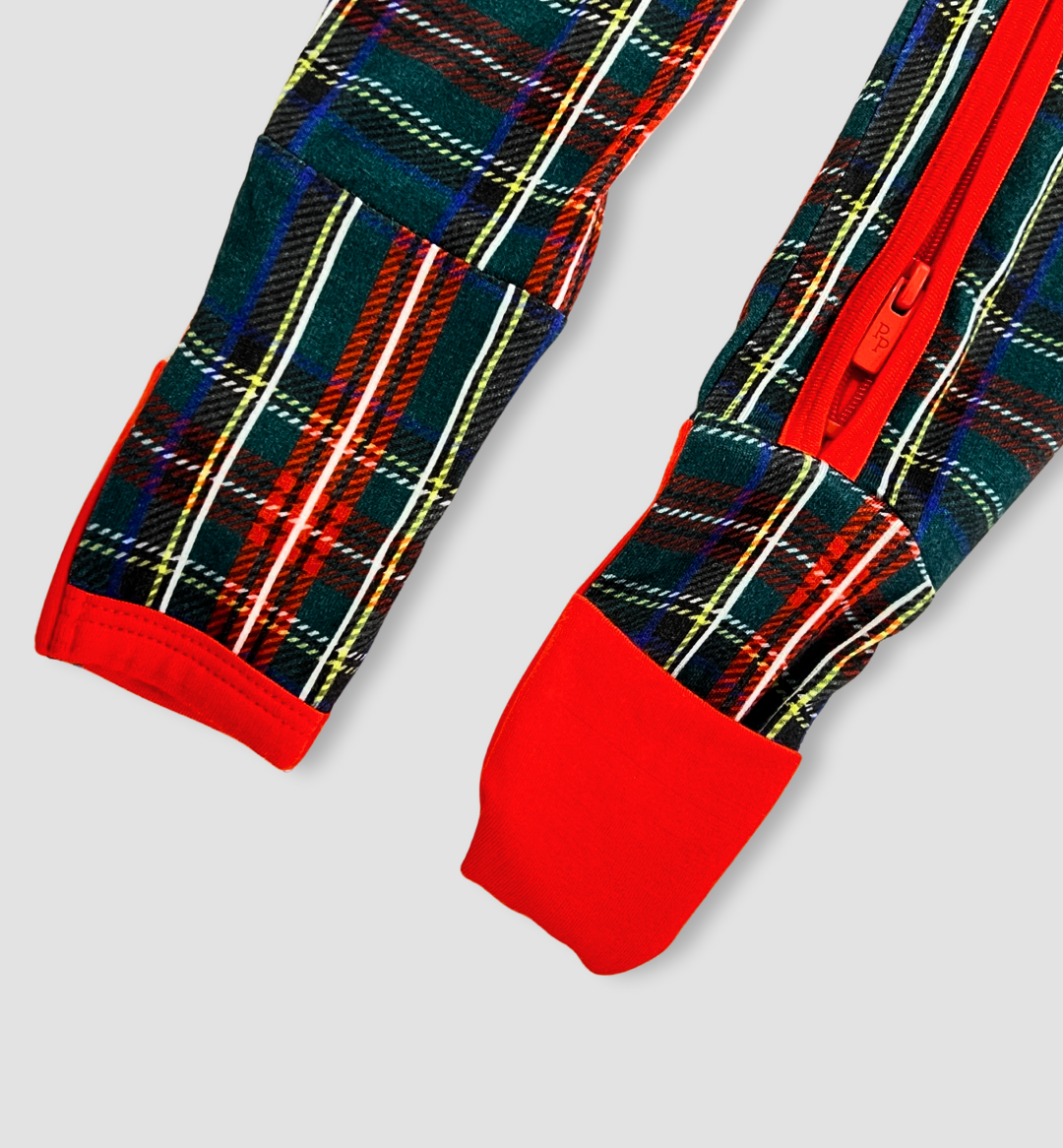 plaid baby romper Expressions Boutique NY, holiday baby romper, Christmas plaid pajamas, festive kids sleepwear, boutique baby Christmas outfit, red trim plaid romper