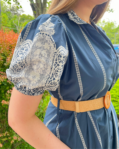 Midnight Blue Novelty Border Print Button Front Belted Dress