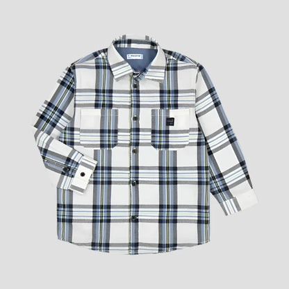 2pc White Blue Plaid Shacket w Navy Pant