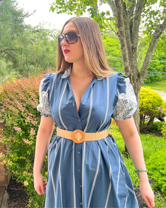 Midnight Blue Novelty Border Print Button Front Belted Dress
