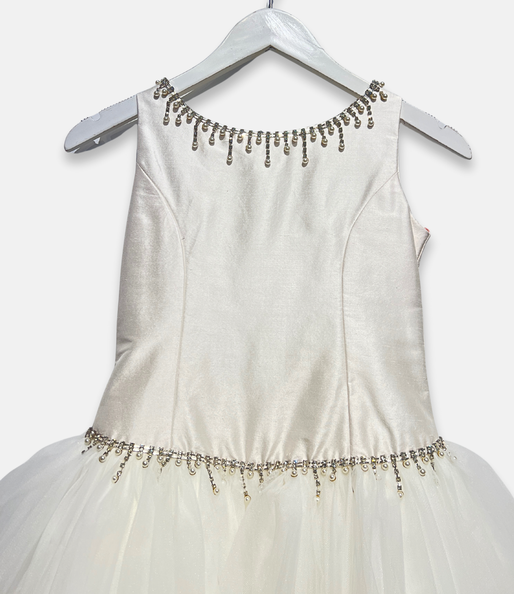 couture margo dress, white pearl beaded communion dress, satin and tulle flower girl dress, boutique girls formal gown, couture girls special occasion dress, pearl neckline communion gown, Expressions Boutique NY, luxury girls fashion, elegant communion dress, boutique couture kidswear