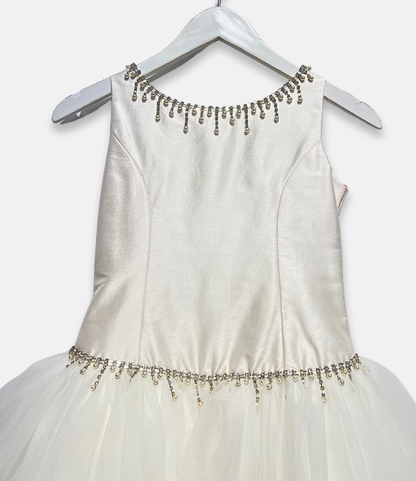 couture margo dress, white pearl beaded communion dress, satin and tulle flower girl dress, boutique girls formal gown, couture girls special occasion dress, pearl neckline communion gown, Expressions Boutique NY, luxury girls fashion, elegant communion dress, boutique couture kidswear