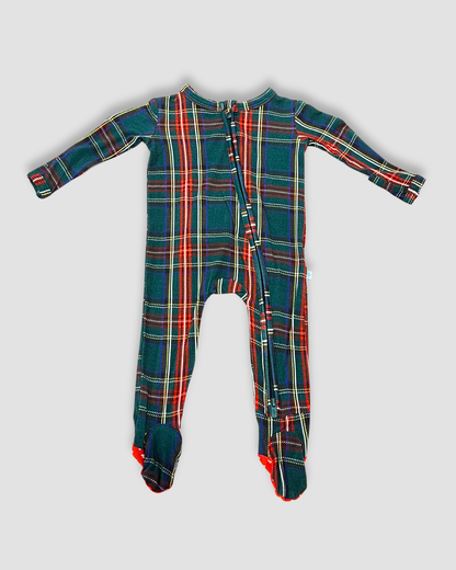 plaid baby footie Expressions Boutique NY, holiday baby pajamas, tartan zippered footie, Christmas baby outfit, boutique holiday infant sleeper, plaid baby girl boy onesie
