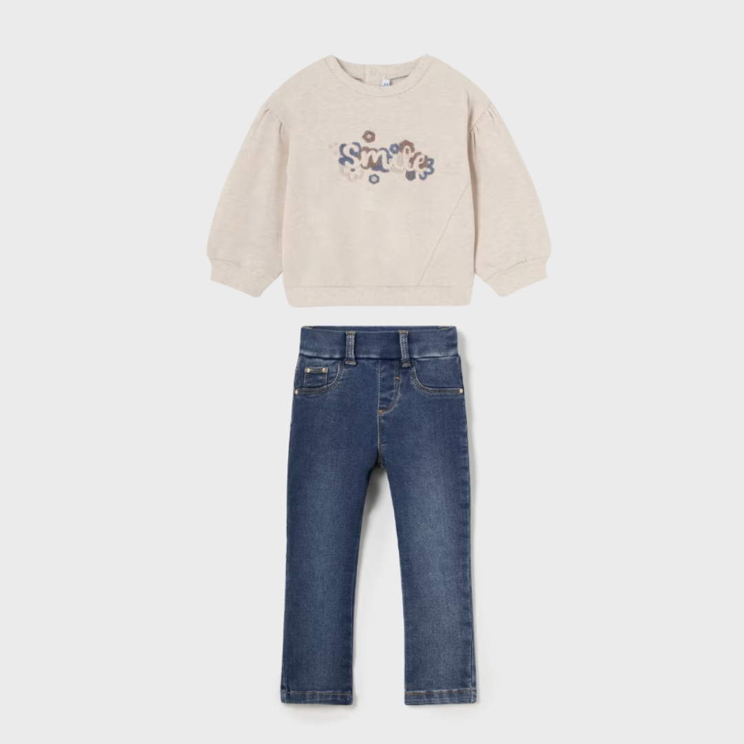 2pc Beige Smile Sweatshirt w Denim Pants