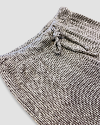 boutique women’s loungewear set Expressions Boutique NY, grey sparkle knit pants, metallic ribbed co-ord set, soft waffle knit lounge outfit, chic comfy set for women neutral tones