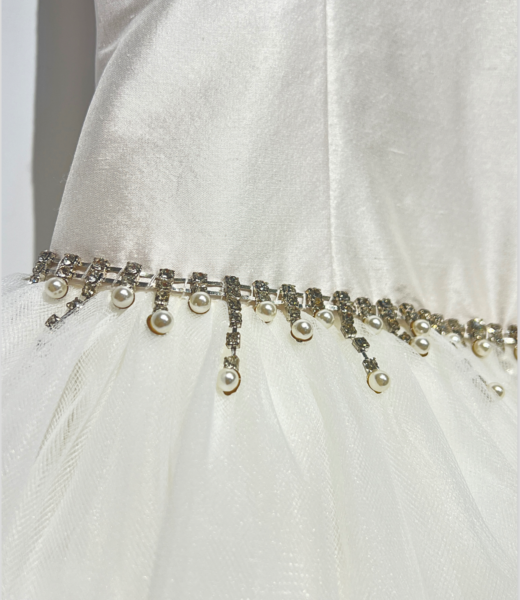 couture margo dress, white pearl beaded communion dress, satin and tulle flower girl dress, boutique girls formal gown, couture girls special occasion dress, pearl neckline communion gown, Expressions Boutique NY, luxury girls fashion, elegant communion dress, boutique couture kidswear