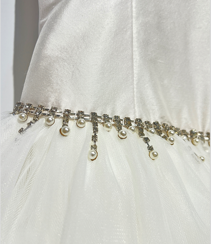 couture margo dress, white pearl beaded communion dress, satin and tulle flower girl dress, boutique girls formal gown, couture girls special occasion dress, pearl neckline communion gown, Expressions Boutique NY, luxury girls fashion, elegant communion dress, boutique couture kidswear