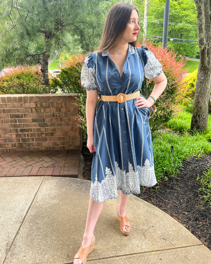 Midnight Blue Novelty Border Print Button Front Belted Dress