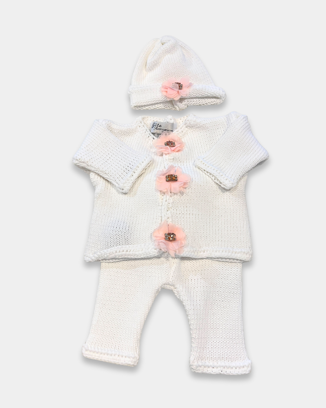 boutique baby girl knit sweater set, christening baby girl cardigan hat, white knit cotton baby outfit girls, boutique newborn knitwear Expressions Boutique NY, heirloom baby girl gift set, rhinestone flower cardigan for baby girl, baby shower gift set boutique, luxury knit baby girl sweater set, cotton baby sweater hat set, baby girl special occasion knitwear