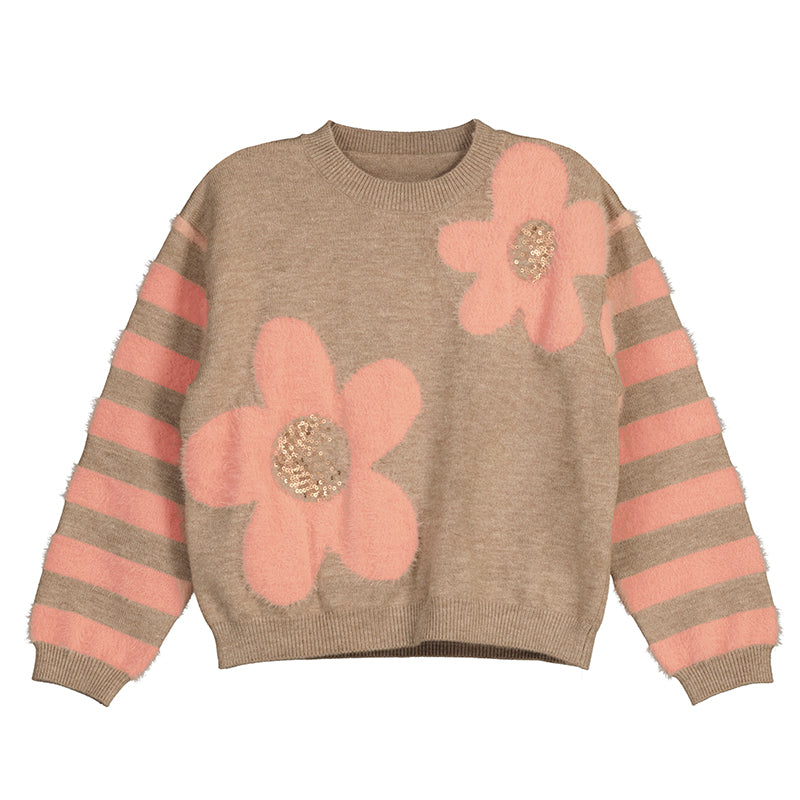 Beige Sweater with Pink Flowers