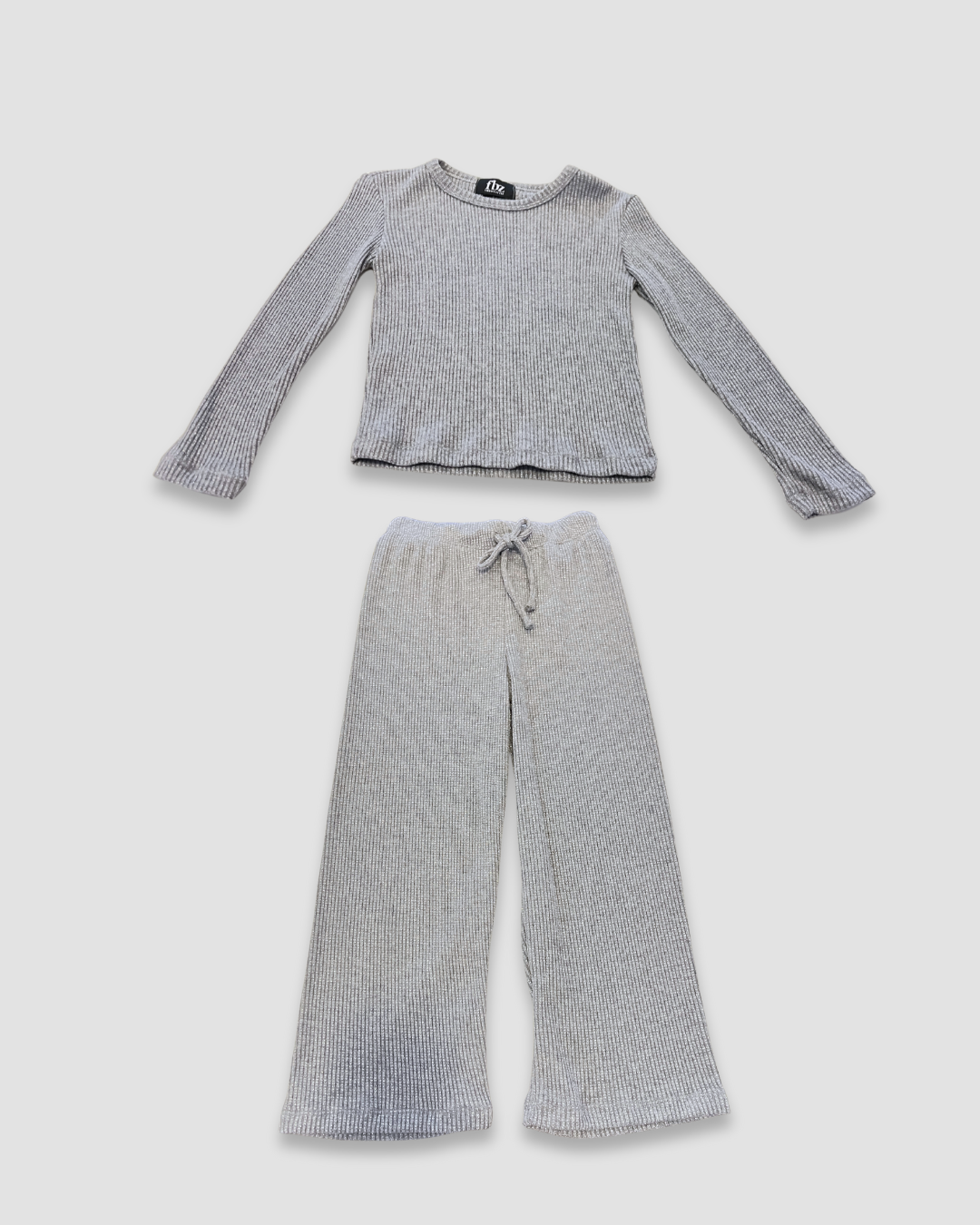 boutique women’s loungewear set Expressions Boutique NY, grey sparkle knit pants, metallic ribbed co-ord set, soft waffle knit lounge outfit, chic comfy set for women neutral tones