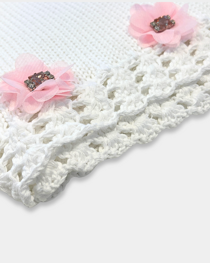 White Cotton Blanket w Lg Pink Stone/Rhinestone