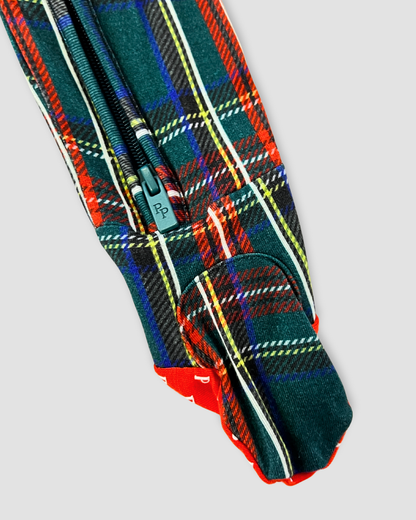 plaid baby footie Expressions Boutique NY, holiday baby pajamas, tartan zippered footie, Christmas baby outfit, boutique holiday infant sleeper, plaid baby girl boy onesie