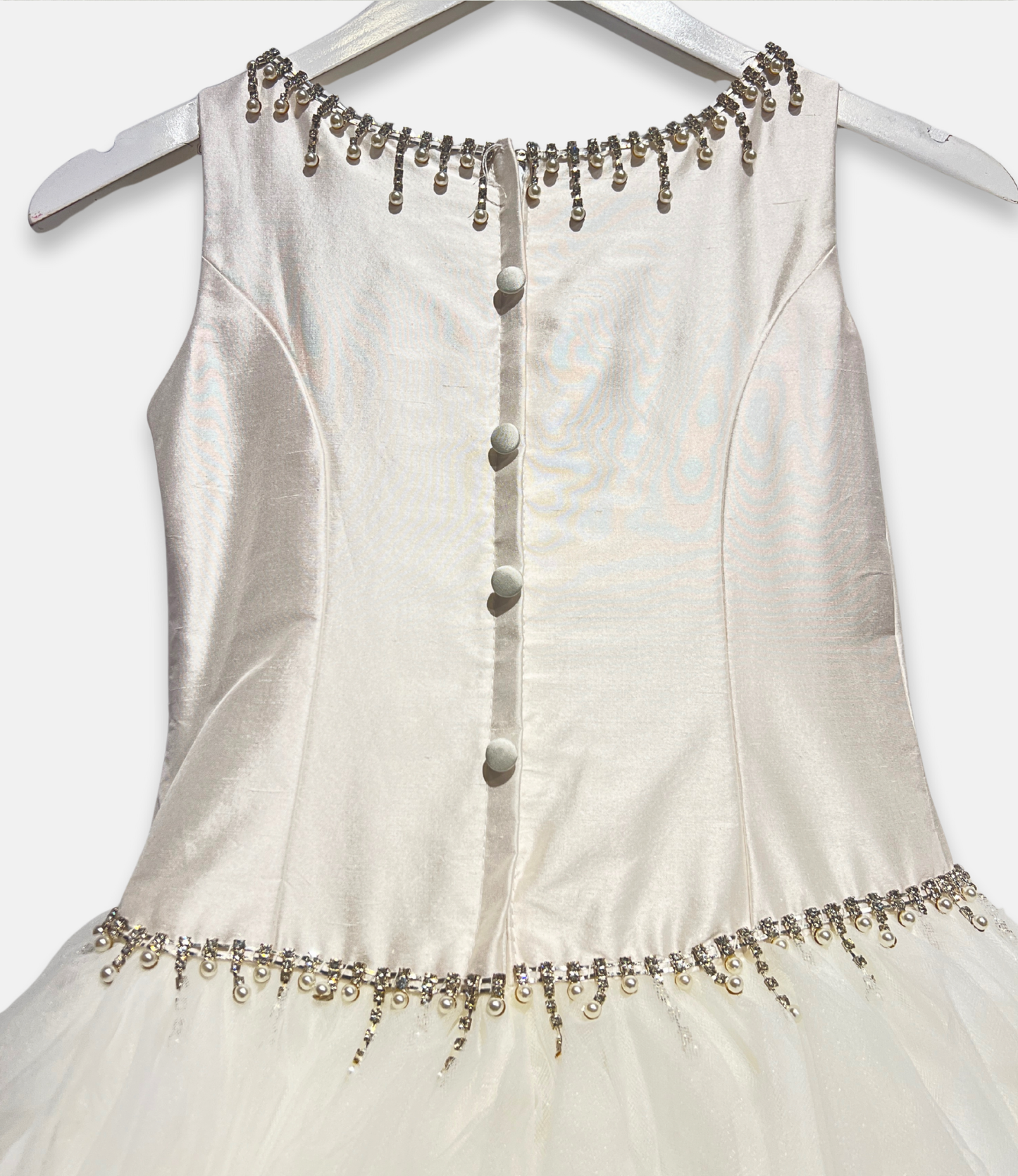 couture margo dress, white pearl beaded communion dress, satin and tulle flower girl dress, boutique girls formal gown, couture girls special occasion dress, pearl neckline communion gown, Expressions Boutique NY, luxury girls fashion, elegant communion dress, boutique couture kidswear