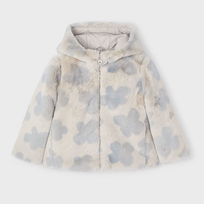 Beige w Lt Blue Scattered Hearts Faux Fur Coat