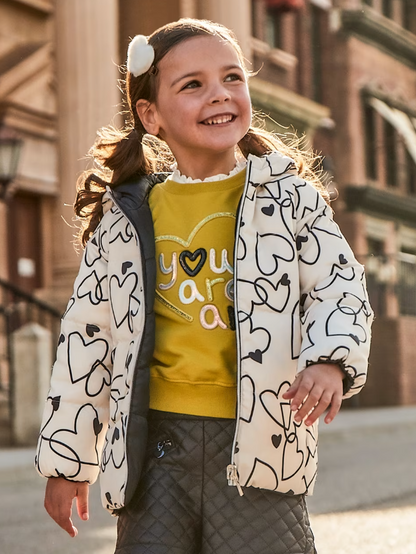 Reversible Black/Cream Scattered heart Hooded Coat