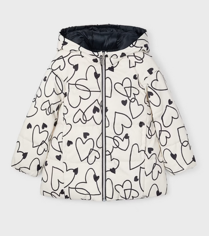 Reversible Black/Cream Scattered heart Hooded Coat