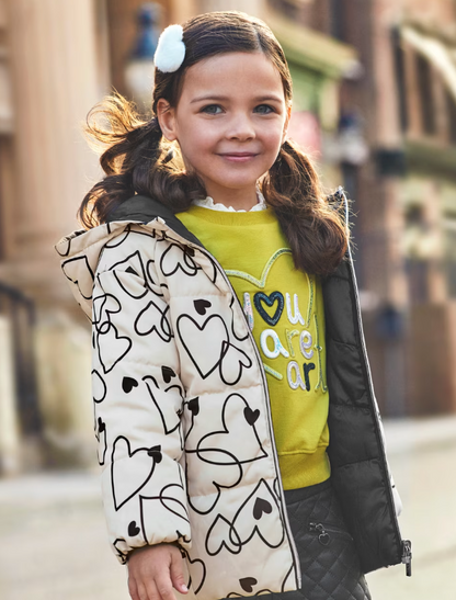 Reversible Black/Cream Scattered heart Hooded Coat