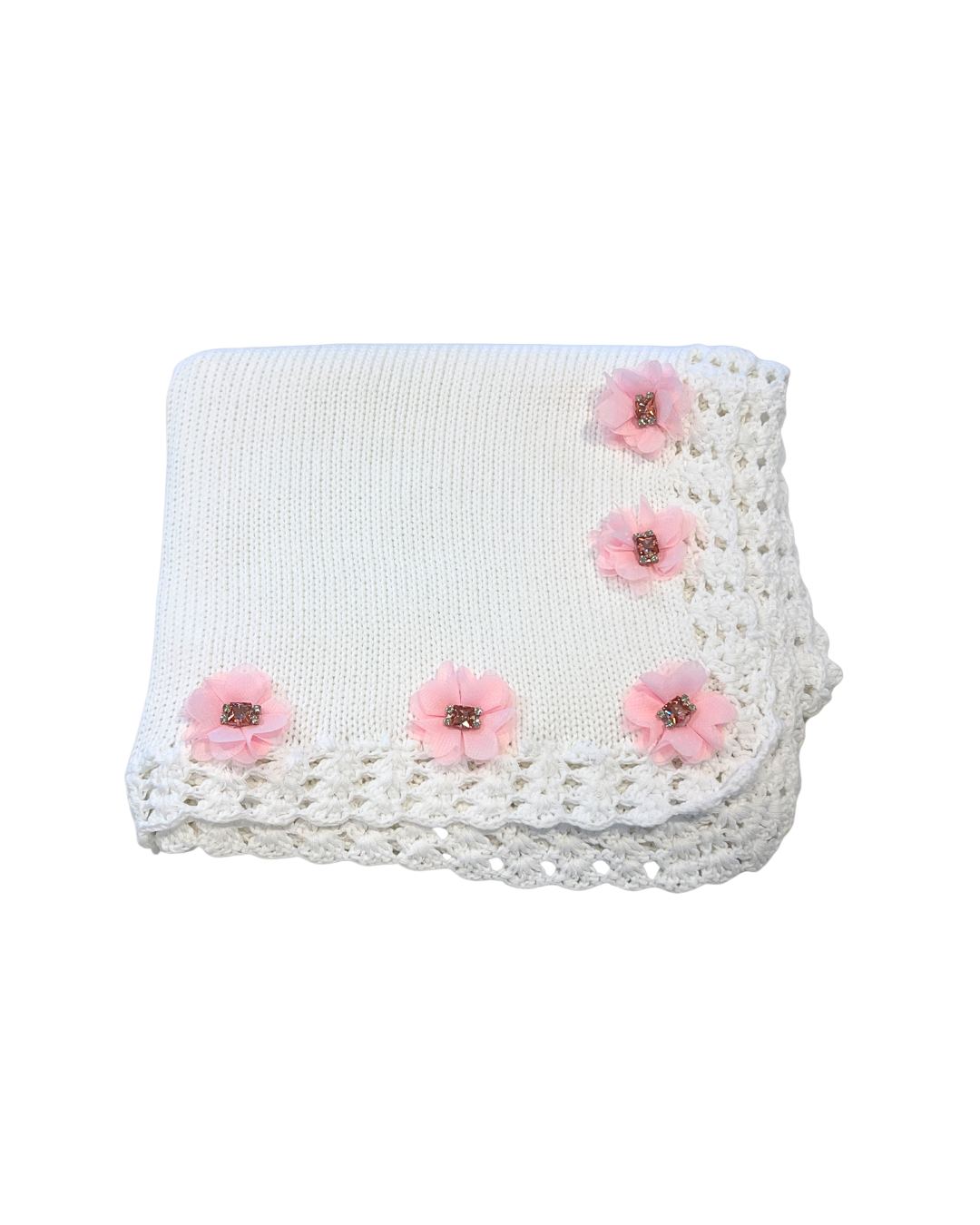 White Cotton Blanket w Lg Pink Stone/Rhinestone