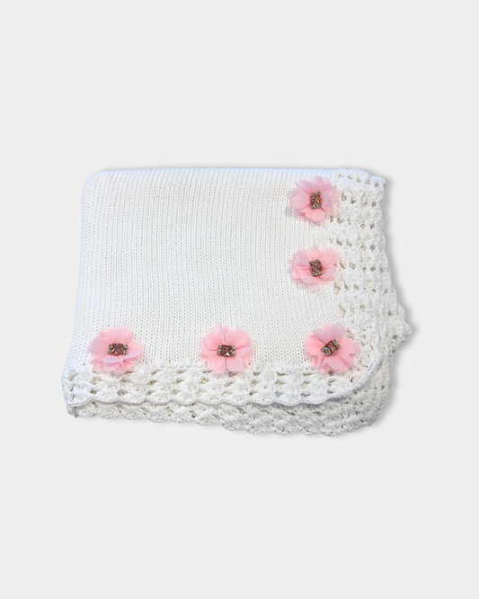 White Cotton Blanket w Lg Pink Stone/Rhinestone