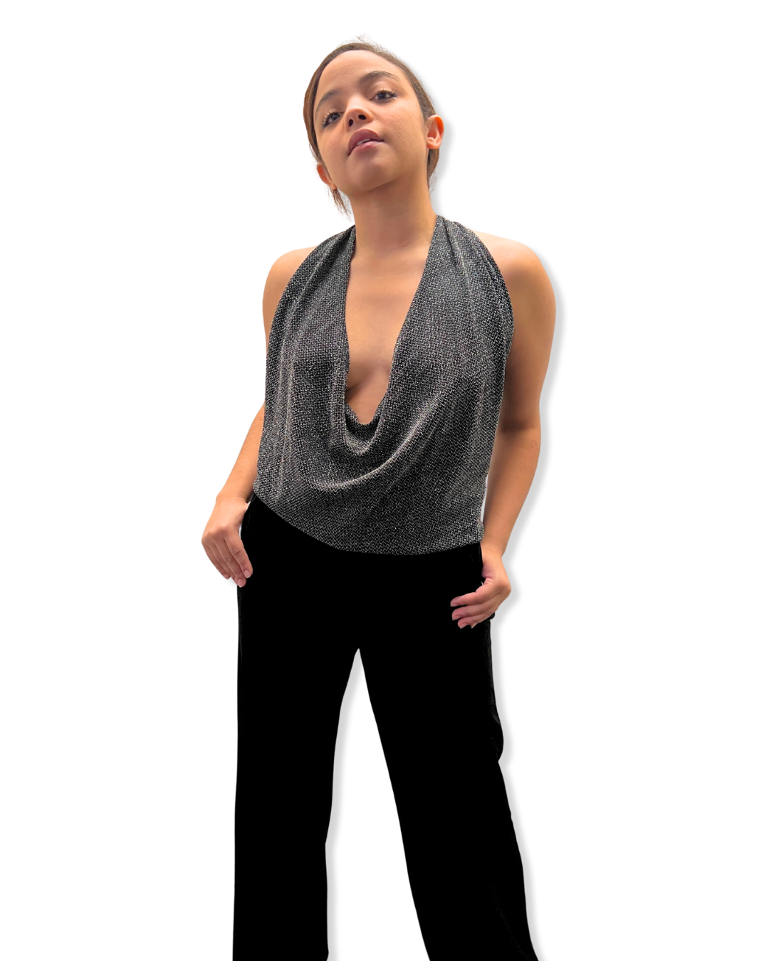 shimmer halter Expressions Boutique NY, versatile metallic top, tie back halter shimmer, women’s holiday party halter, metallic evening top