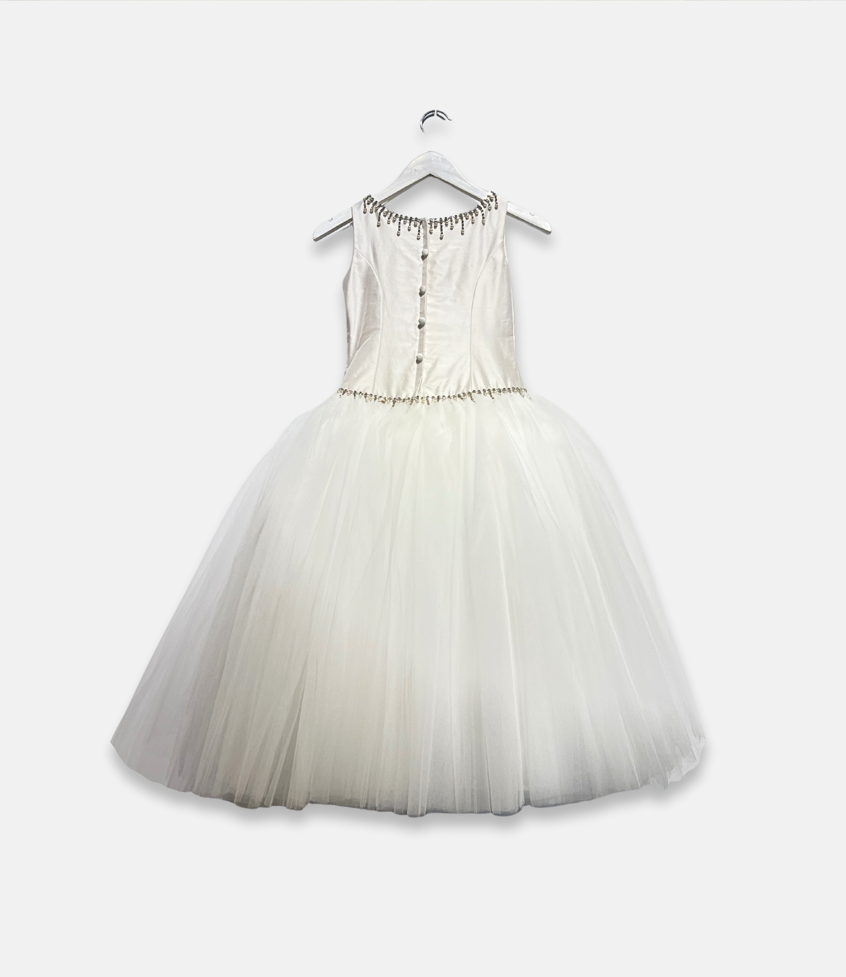 couture margo dress, white pearl beaded communion dress, satin and tulle flower girl dress, boutique girls formal gown, couture girls special occasion dress, pearl neckline communion gown, Expressions Boutique NY, luxury girls fashion, elegant communion dress, boutique couture kidswear