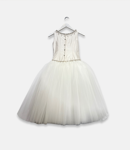 couture margo dress, white pearl beaded communion dress, satin and tulle flower girl dress, boutique girls formal gown, couture girls special occasion dress, pearl neckline communion gown, Expressions Boutique NY, luxury girls fashion, elegant communion dress, boutique couture kidswear