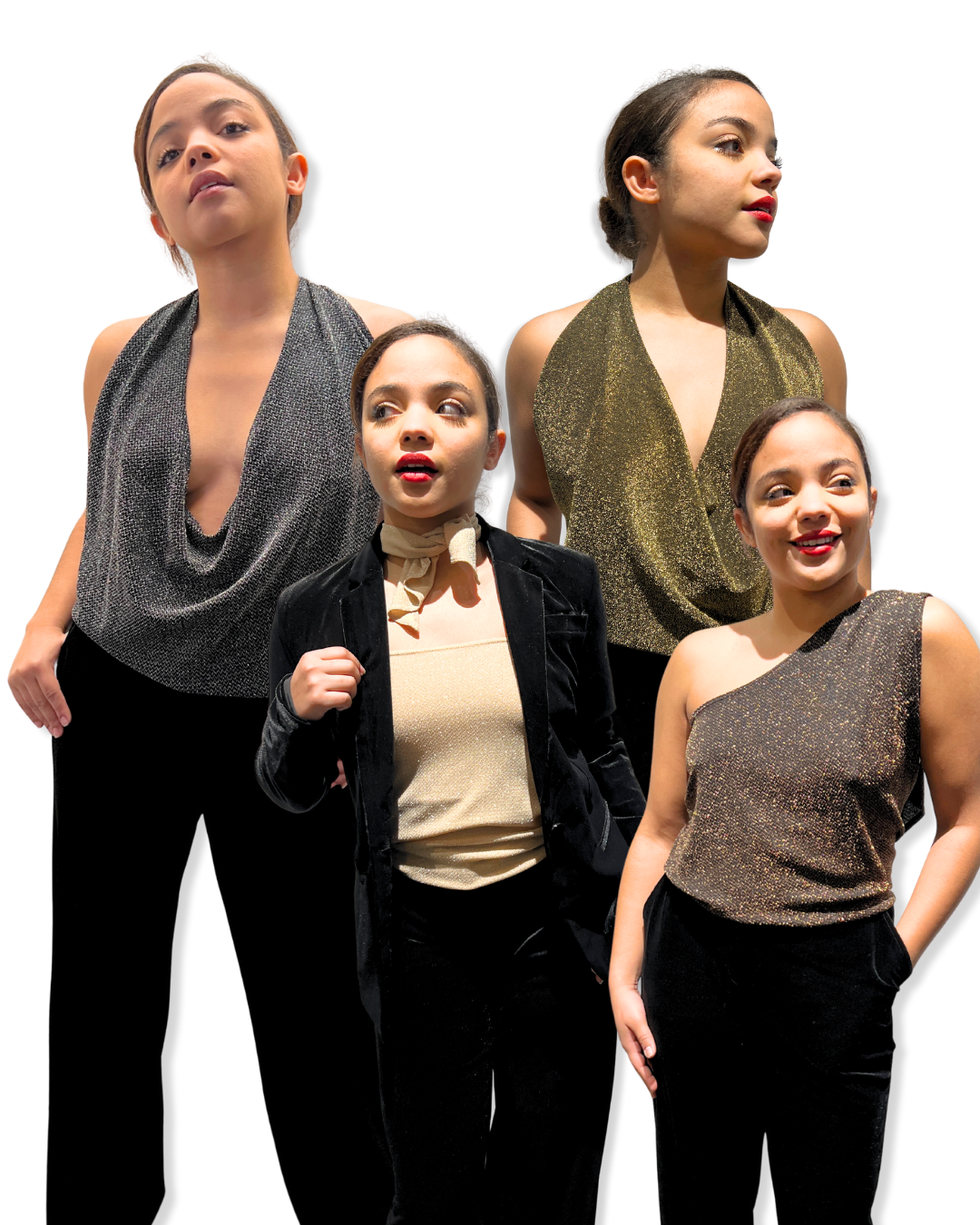 shimmer halter Expressions Boutique NY, versatile metallic top, tie back halter shimmer, women’s holiday party halter, metallic evening top