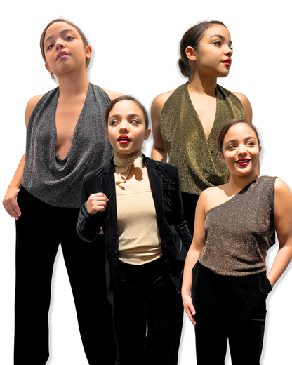 shimmer halter Expressions Boutique NY, versatile metallic top, tie back halter shimmer, women’s holiday party halter, metallic evening top