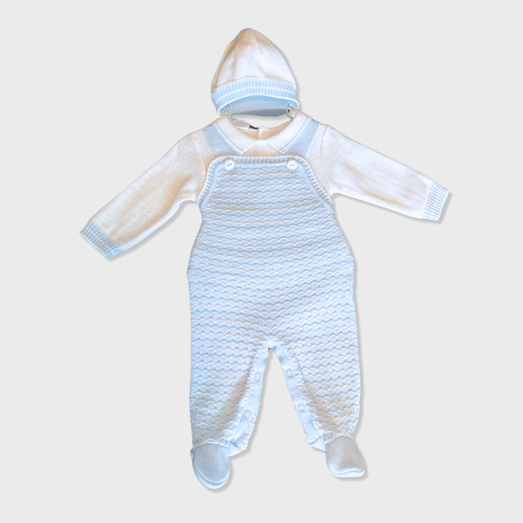 3pc Wht/Lt Blue Knit Overall w Hat