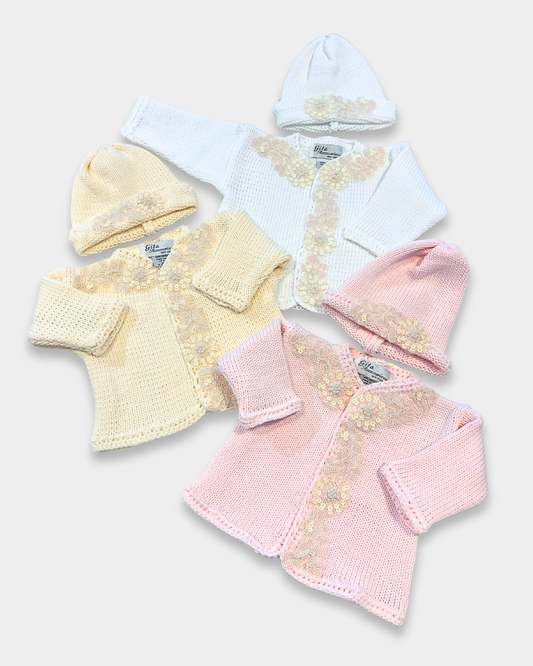 boutique baby girl sweater hat set, ivory sequin baby girl knitwear, pink cotton baby sweater set, baby girl knit cardigan Expressions Boutique NY, christening baby girl outfit boutique, heirloom knit sweater set for baby, luxury newborn knitwear girls, sequin flower baby girl outfit, boutique baby shower gift girl, matching baby blanket and sweater set