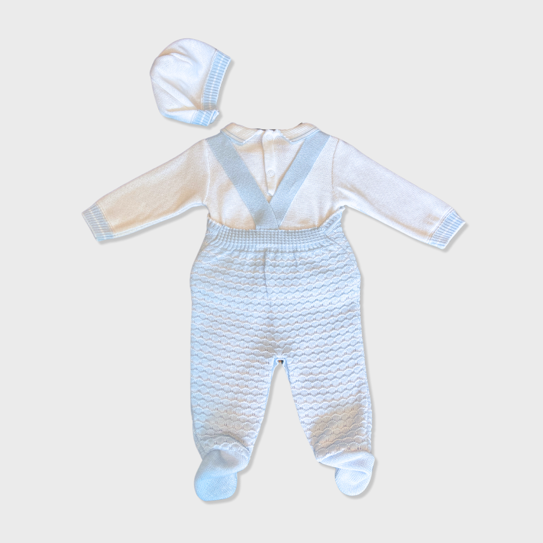 3pc Wht/Lt Blue Knit Overall w Hat