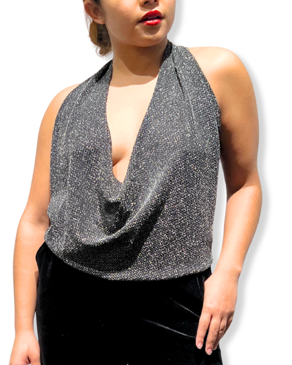 shimmer halter Expressions Boutique NY, versatile metallic top, tie back halter shimmer, women’s holiday party halter, metallic evening top