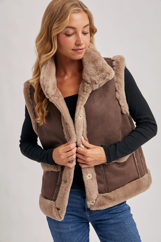 faux suede shearling vest, women’s winter layering vest, boutique cozy faux fur vest, shearling trim suede vest women, chic brown faux suede vest, rustic fall layering vest, boutique winter outfit topper, faux shearling lined vest, casual chic fall vest, boutique women’s outerwear vest