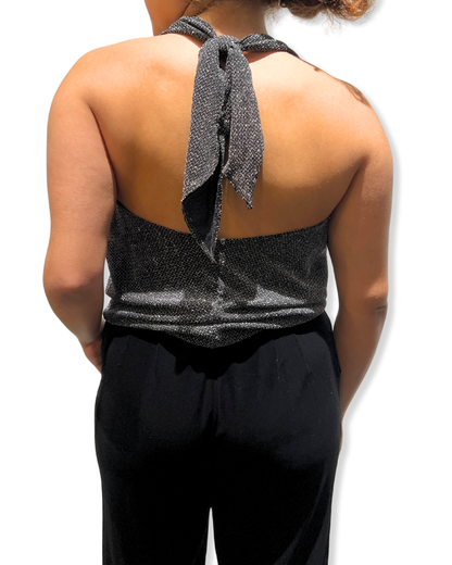 shimmer halter Expressions Boutique NY, versatile metallic top, tie back halter shimmer, women’s holiday party halter, metallic evening top
