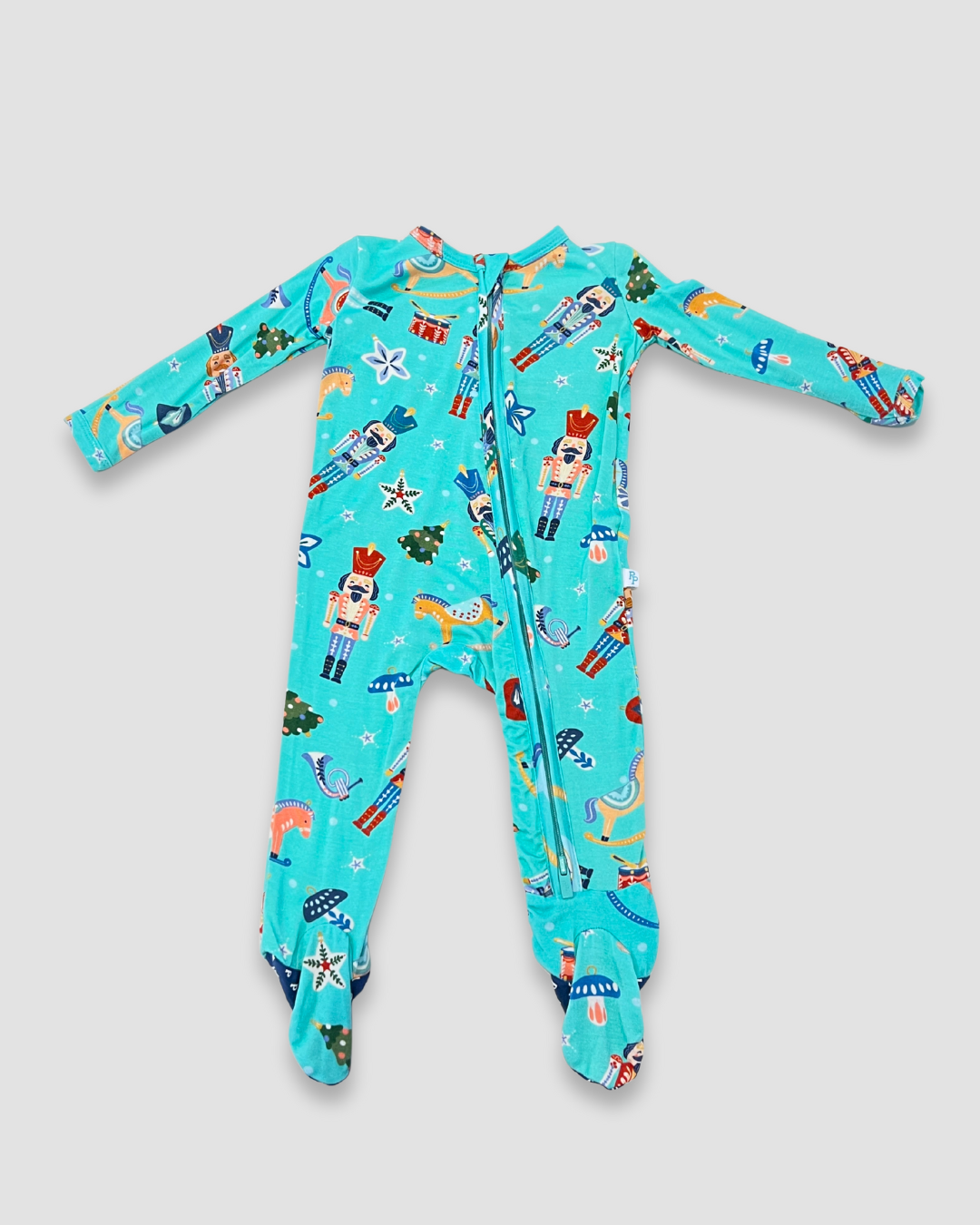 Nutcracker baby footie Expressions Boutique NY, holiday zippered pajamas, Fritz baby sleeper, aqua Christmas baby outfit, festive boutique footie, double zip baby pajama