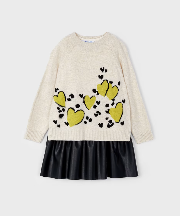 girls layered dress set, heart print knit dress, kids boutique sweater dress, beige and black girls outfit, chartreuse heart dress, layered look girls dress, cozy fall girls dress, knit sweater dress for kids, cute abstract print girls outfit, trendy girls winter dress